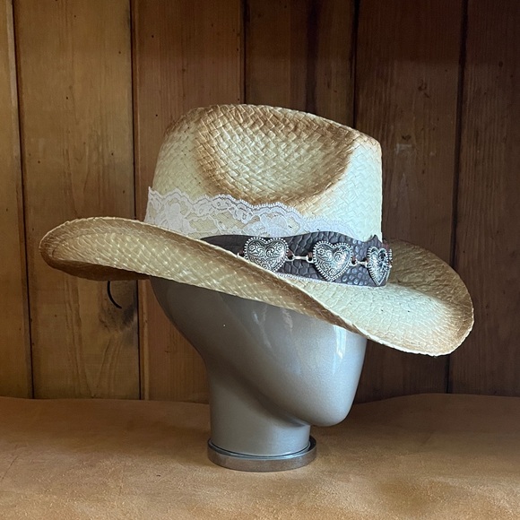 Fiesta Natural Burnout Western Straw Cowboy Hat with Brown Heart Band - Picture 2 of 5